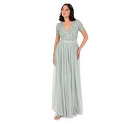 Maya Deluxe Women's Maxi Dress Ladies Floral Sequin Embellished V-Neck Short Sleeve Tulle Sash Tie Belt Empire A-line Bridesmaid, Green Lily, 14