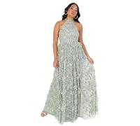 Maya Deluxe Women's Maxi Dress Ladies Halterneck Sleeveless Sage Sequin Embellished Ruffles Split Slit A-line Evening Ball Gown Green Lily 8