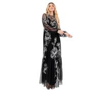 Maya Deluxe Women's Maxi Dress Ladies Long Sleeve Boat Neck Sheer Tulle Floral Sequin Embellished Trapeze Evening Prom Ball Gown, Black 26