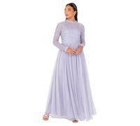 Maya Deluxe Women's Maxi Dress Ladies Modest High Neck Long Sleeve Tulle Sequin Embellished A-line Wedding Guest Bridesmaid Prom, Thistle Lilac 22