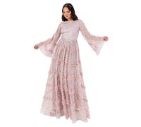 Maya Deluxe Women's Maxi Dress Ladies Modest Round Neck Long Bell Sleeve Sequin Embellished Tiered Ruffle A-Line Bridesmaid Prom Women, Frosted Pink, 10