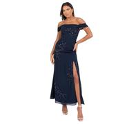 Maya Deluxe Women's Maxi Dress Ladies Off Shoulder Bardot Sleeveless A-line Split Slit Embroidered Bead Embellished Evening Prom, Navy Blue, 24