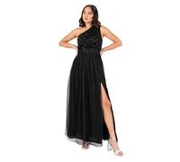 Maya Deluxe Women's Maxi Dress Ladies One Shoulder Sleeveless Floral Sequin Embellished Sash Tie Belt Tulle A-line Split Bridesmaid, Black, 4