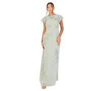 Maya Deluxe Women's Maxi Dress Ladies Round Neck Short Cap Sleeve Cowl Back Floral Embroidered Bead Embellished A-line Wedding Guest, Green Lily 12