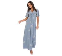 Maya Deluxe Women's Maxi Dress Ladies V-Neck Angel Sleeve Floral Bead Embellished Knot Front A-line Bridesmaid Wedding Guest Prom, Dusty Blue 8