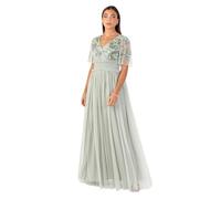 Maya Deluxe Women's Maxi Dress Ladies V-Neck Angel Sleeve Floral Embellished Tulle Shirred Waistline A-line Wedding Guest Bridesmaid, Green Lily, 20