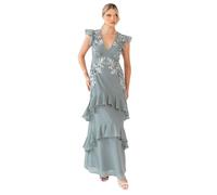 Maya Deluxe Women's Maxi Dress Ladies V-Neck Cap Sleeve Ruffle Tiered Floral Sequin Embellished A-line Bridesmaid Prom Evening Gown, Misty Green 22