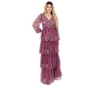 Maya Deluxe Women's Maxi Dress Ladies V-Neck Long Blouson Sleeve Floral Sequin Embellished A-line Tiered Skirt Tulle Keyhole Back, Rose 16