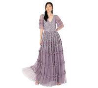 Maya Deluxe Women's Maxi Dress Ladies V-Neck Sequin Embellished Ruffle Detail for Wedding Guest Bridesmaid Prom Occasion Ball Gown, Moody Lilac, 8