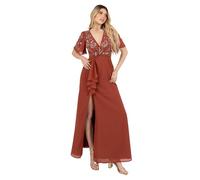 Maya Deluxe Women's Maxi Dress Ladies V-Neck Short Angel Sleeve Sequin Embellished Ruffles Side Split A-line Evening Ball Gown, Rust 16