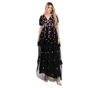 Maya Deluxe Women's Maxi Dress Ladies V-Neck Short Puff Sleeve Floral Embroidered Tiered Ruffle Tulle A-line Keyhole Back Evening, Black 12