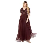 Maya Deluxe Women's Maxi Dress Ladies V-Neck Short Puff Sleeve Sequin Embellished Twist Front Tulle A-line Bridesmaid Prom Ball Gown, Cranberry 28