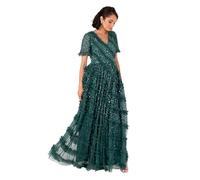 Maya Deluxe Women's Maxi Dress Ladies V-Neck Short Sleeve Sequin Embellished Ruffle Tulle A-line Bridesmaid Evening Prom Ball Gown, Emerald Green 24
