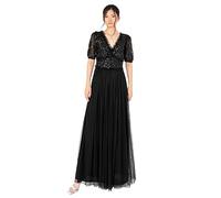 Maya Deluxe Women's Maxi Dress Ladies V-Neck Short Sleeve Sequin Embellished Tulle Ruffle for Wedding Guest Bridesmaid Ball Gown, Black, 12