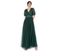 Maya Deluxe Women's Maxi Dress Ladies V-Neck Short Sleeve Sequin Embellished Tulle Ruffle for Wedding Guest Bridesmaid Ball Gown, Emerald Green, 20 UK