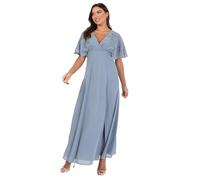 Maya Deluxe Women's Maxi Dress Ladies V-Neck Wide Sleeve Floral Embroidered Wrap Bodice Tie Belt Split Wedding Guest Prom Ball Gown, Dusty Blue, 10