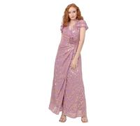 Maya Deluxe Women's Maxi Dress Ladies Wrap V-Neck Short Tiered Flutter Sleeve Gold Foil Jacquard Corsage A-line Prom Ball Gown, Orchid Pink, UK 6