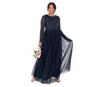 Maya Deluxe Women's Ladies Maxi Dress Long Sleeve Round Neck Sequin Embellished Tulle Floral A-line for Occasion Prom Ball Gown, Navy Blue, 24