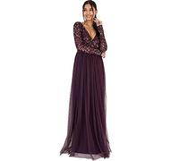 Maya Deluxe Women's Maxi Dress with Long Sleeves V Neckline Plunging Sequin Embellished for Wedding Guest Bridesmaid Prom Dress, Berry, 28