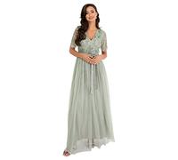 Maya Deluxe Womens Maxi Ladies Ball Gown for Wedding Guest Embellished Tie Waist V Neck Bridesmaid Prom Evening Occasion Dress, Green Lily, 16 UK