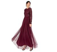 Maya Deluxe Womens Maxi Ladies Crew Neck Long Sleeve Sequin Embellished Tulle Ruffle for Wedding Guest Bridesmaid Ball Gown Dress, Red Berry, 12 UK