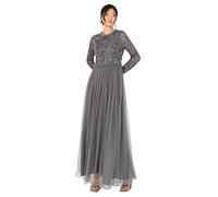 Maya Deluxe Women's Maxi Dress Ladies Crew Neck Long Sleeve Sequin Embellished Tulle Ruffle for Wedding Guest Bridesmaid Ball Gown, Charcoal, 22