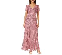 Maya Deluxe Women's Maxi Ladies Embellished Sequin Dress Long Short Sleeve V Neck High Empire Waist A Cut Shiny Prom Wedding Bridesmaid, Desert Rose, 24