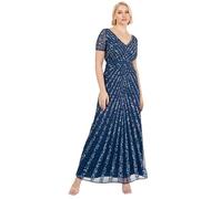 Maya Deluxe Womens Maxi Ladies Embellished Sequin Long Short Sleeve V Neck High Empire Waist Cut Shiny Prom Wedding Bridesmaid Dress French Navy Size 6
