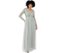 Maya Deluxe Womens Maxi Ladies Embellished Wrap Tulle Frilly V-Neck Long Sleeve for Wedding Guest Bridesmaid Prom Ball Gown Dress, Green Lily, 18 UK