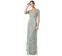 Maya Deluxe Women's Maxi Womens Ladies Embellished Sequin Long Short Sleeve V Neck High Empire Waist Cut Shiny P Bridesmaid Dress, Green Lilly, 6 UK