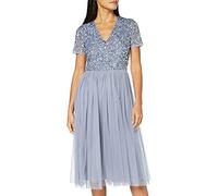 Maya Deluxe Women's Maya Deluxe Embellished Midi Evening for Women Ladies V Neckline With Short Sleeve Prom We Bridesmaid Dress, Dusty Blue, 16 UK