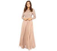 Maya Deluxe Women's Maya Deluxe Womens Ladies for Wedding Guest Plus Size Empire High Waist Sequins Long Sleeve Ev Bridesmaid Dress, Taupe Blush, 12 UK
