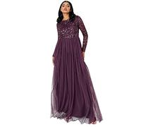Maya Deluxe Women's Maya Deluxe Women's Maya Embellished Long Sleeve Maxi Bridesmaid Dress, Berry, 18 UK