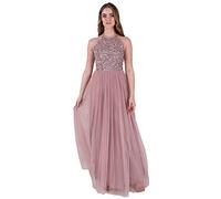 Maya Deluxe Women's Maya Frosted Embellished Halter Neck Pink Maxi Dress Bridesmaid, 16
