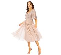 Maya Deluxe Women's Maya Taupe Blush Short Flutter Sleeve Embellished Midi Dress Bridesmaid, 6