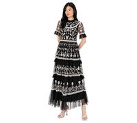 Maya Deluxe Women's Midaxi Dress Ladies Ruffle Frilly Floral Embroidered Tiered Ball Gown for Wedding Guest Prom Evening Occasion, Black, 12