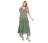 Maya Deluxe Women's Midaxi Dress Ladies Short Puff Sleeve V-Neck Sequin Embellished Ruffle Chiffon Handkerchief A-Line Wedding Guest Women, Deep Mint Green, 16