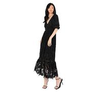 Maya Deluxe Women's Midaxi Dress V Neckline Puff Sleeve Lace A-line for Wedding Guest Bridesmaid Cocktail Prom Evening Occasion, Black, 16