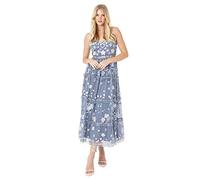 Maya Deluxe Womens Midi Dress Ladies Embroidered Floral Ruffle Sleeveless V Neck Dress for Wedding Guest Bridesmaid Prom Evening Dusty Blue Size 8 UK