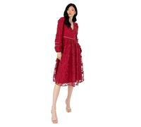 Maya Deluxe Women's Midi Dress Ladies Floral Embroidered Lace Long Sleeve V-Neck for Wedding Guest Bridesmaid Prom Occasion Ball Gown, Wine, 8