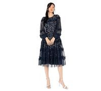 Maya Deluxe Women's Midi Dress Ladies Long Sleeve Sequin Embellished Ruffle for Wedding Guest Bridesmaid Occasion Evening Ball Gown, Navy, 14