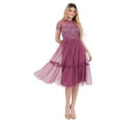 Maya Deluxe Women's Midi Dress Ladies Round Neck Sheer Short Sleeves Sequin Embellished Tulle Ruffle A-line Wedding Guest Occasion, Rose 20