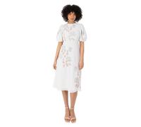 Maya Deluxe Women's Midi Dress Ladies Round Neck Short Puff Sleeve Sequin Embellished Floral Keyhole Back A-line Wedding Guest, Grey, 8