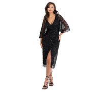 Maya Deluxe Women's Midi Ladies Sequin Embellished Cape Sleeve Wrap Dress for Wedding Guest Bridesmaid Cocktail Prom Evening, Black, 22