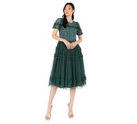 Maya Deluxe Women's Midi Dress Ladies Sequin Embellished Short Sleeve Ruffle for Wedding Guest Bridesmaid Occasion Evening Ball Gown, Emerald Green, 26