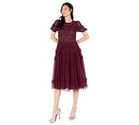 Maya Deluxe Women's Midi Dress Ladies Sequin Embellished Short Sleeve Ruffle for Wedding Guest Bridesmaid Occasion Evening Ball Gown, Wine, 6