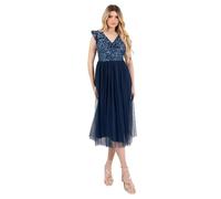 Maya Deluxe Women's Midi Dress Ladies V-Neck Flutter Sleeve Sequin Embellished Twist Front Tulle Wedding Guest Bridesmaid Occasion, Navy Blue 12