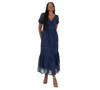 Maya Deluxe Women's Midi Dress Ladies V-Neck Short Puff Sleeves Twist Front Lace Tiered Bottom Hemline A-line Wedding Guest Occasion, Navy Blue, 30