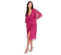 Maya Deluxe Women's Midi Ladies Sequin Embellished Cape Sleeve Wrap Dress for Wedding Guest Bridesmaid Cocktail Prom Evening Dress, Fuchsia, 16