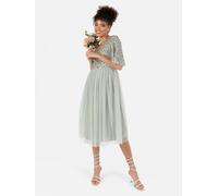 Maya Deluxe Ladies Midi Dresses for Women Embellished V Neck Flutter 3/4 Sleeve Sequins Wedding Guest Prom Graduation Green Lilly Size 16